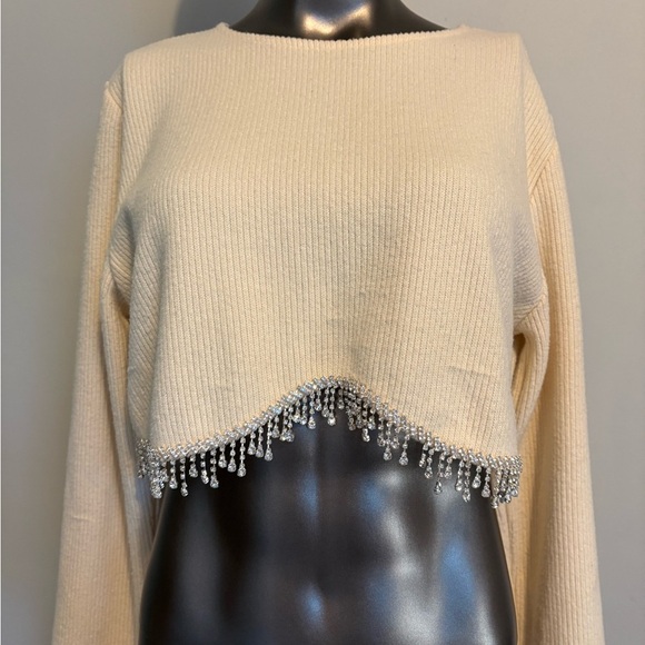 Zara Rhinestone Cream Cropped Sweater // Size L - Picture 3 of 6